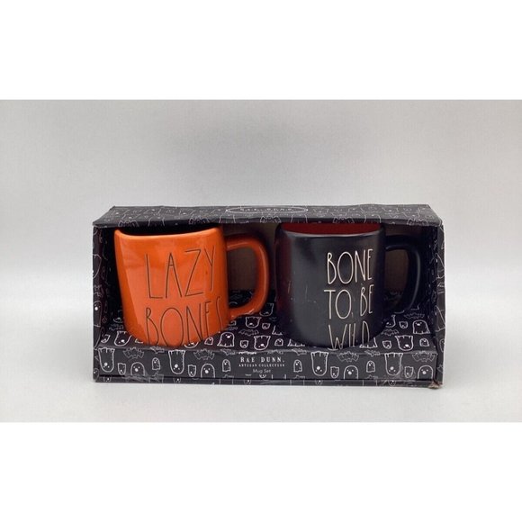 Rae Dunn Halloween Mug Set of 2 LAZY BONES BONE TO BE WILD Orange Black. Scuffed - Picture 1 of 2